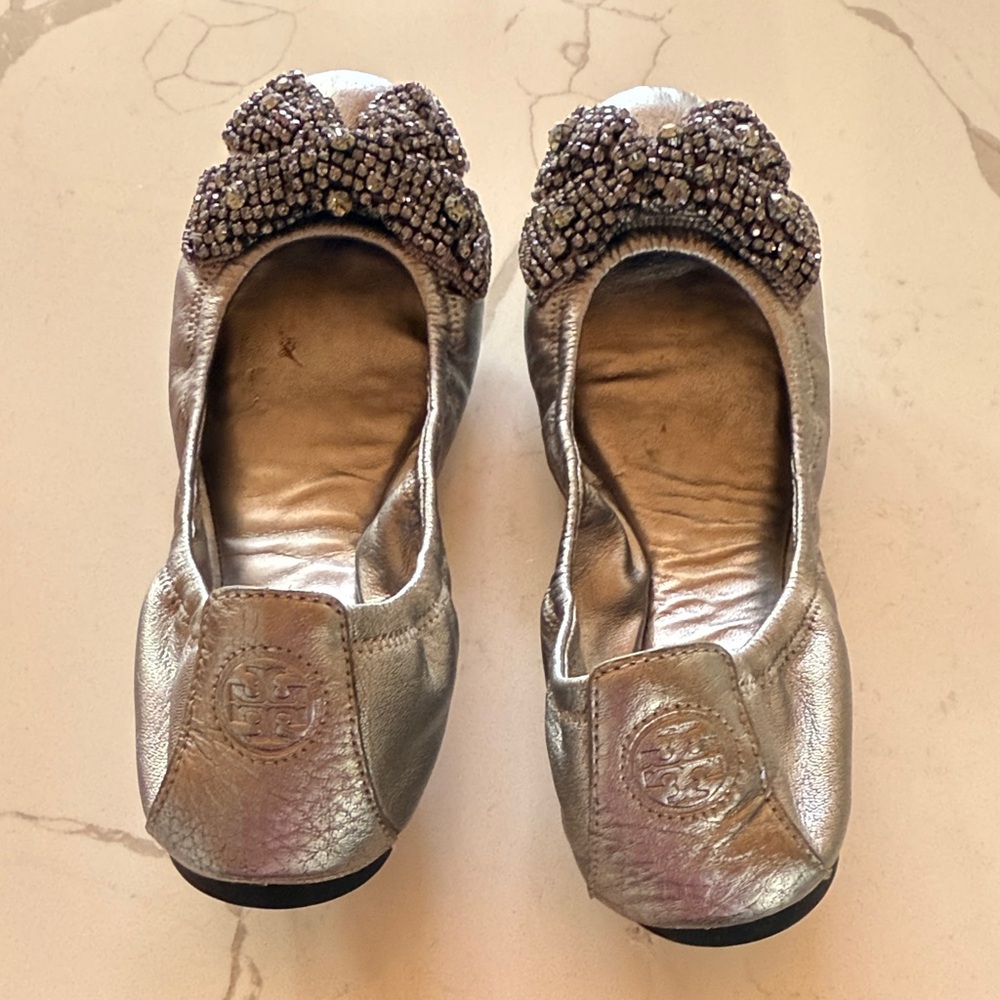 Tory Burch Metallic Flats with Beaded Accents